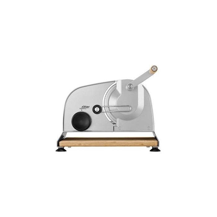 Ritter PIATTO-5 Cortafiambres Manual con Hoja Dentada de 17 cm y Tabla de Bambú FSC, Acabado Plateado Metálico 1