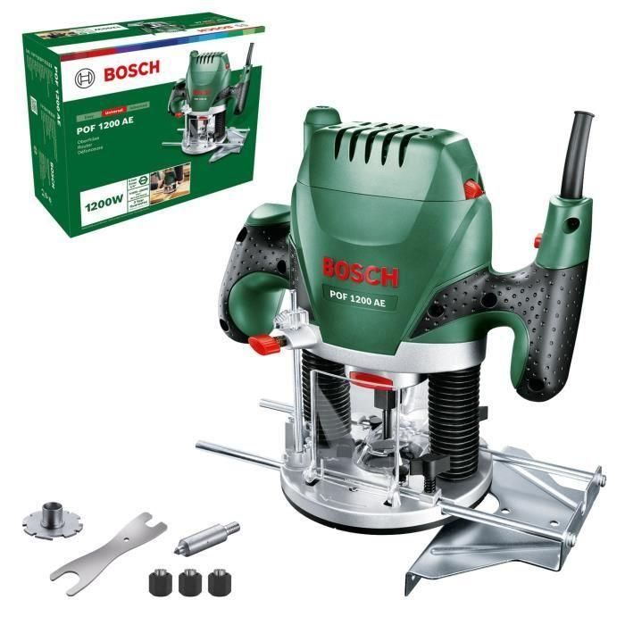 Bosch POF 1200 AE Router 1200W, Velocidad 28000 rpm, Bloqueo de Husillo, Cambio Rápido Fresas y Anillos. Profundidad de Corte 55mm, Preselección 8mm.