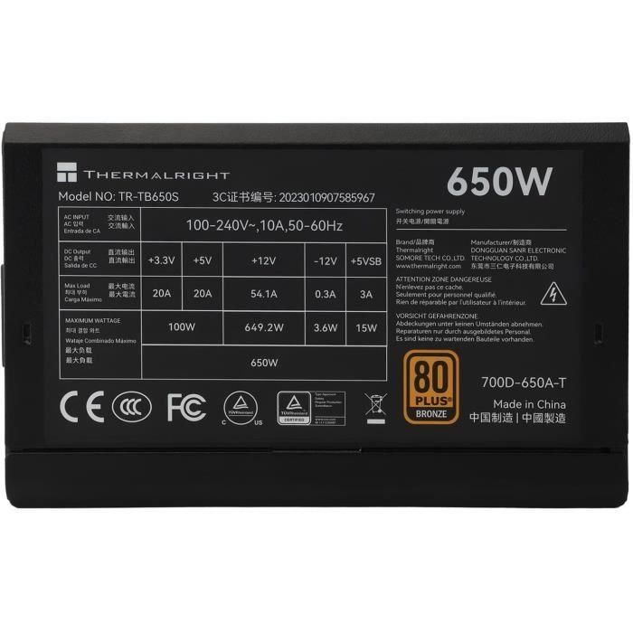 Fuente de alimentación para PC - THERMALRIGHT - TB650S - 650W - 80+ Bronce - No modular - ATX 3.0 - Negro 2 Fuente de alimentación para PC - THERMALRIGHT - TB650S - 650W - 80+ Bronce - No modular - ATX 3.0 - Negro 2