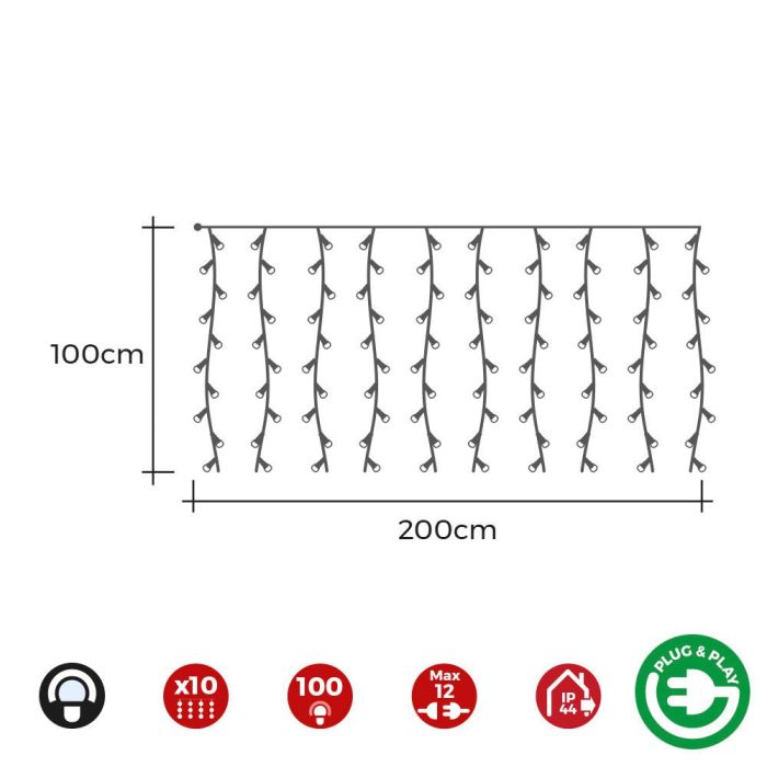 Edm Cortina LED Easy-Connect 2x1m, Blanco Frío, 8 Funciones, 10 Tiras, 100 LEDs, IP44 Interior/Exterior 1 Edm Cortina LED Easy-Connect 2x1m, Blanco Frío, 8 Funciones, 10 Tiras, 100 LEDs, IP44 Interior/Exterior 1