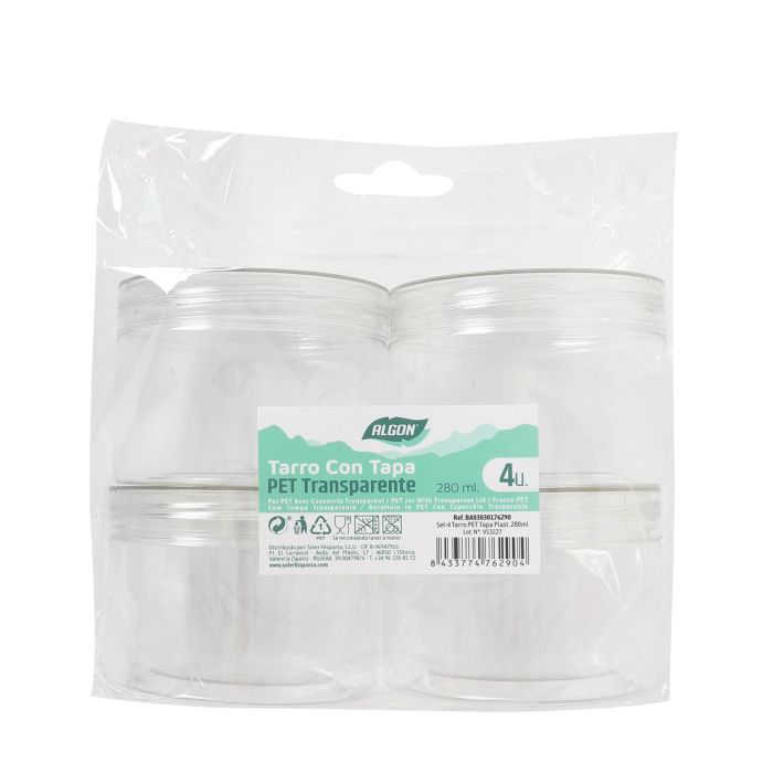Set de 4 tarros PET con tapa plástica 280 ml - Algon (12 Cajas) 1 Set de 4 tarros PET con tapa plástica 280 ml - Algon (12 Cajas) 1
