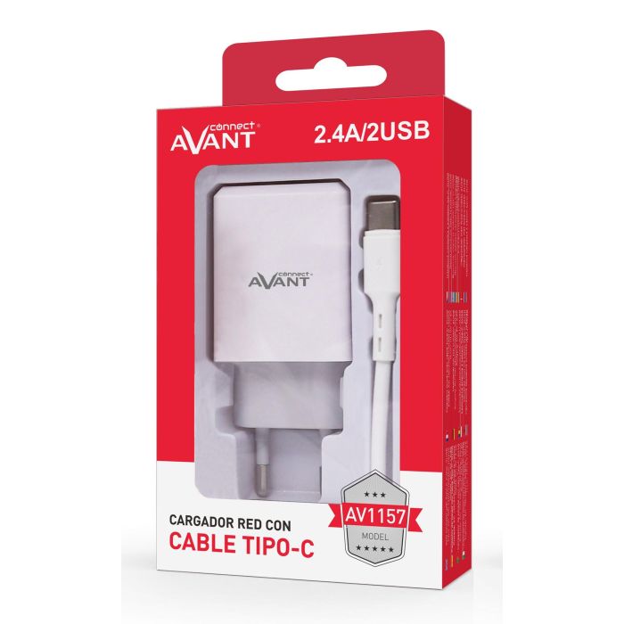 AVANT CONNECT Cargador USB 2 Puertos 2.4A con Cable Tipo C, Carga Rápida para Dispositivos Móviles