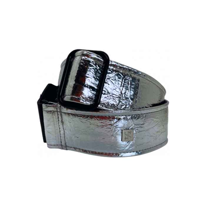 GETM Correa Guitarra Bajo Distressed Vernice Silver Polipiel Nylon Piel Plateado Ajustable 1