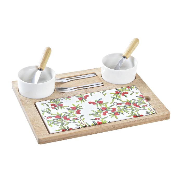 DKD Home Decor Tabla Aperitivo para Navidad Tradicional de Bambú y Gres, Set de 10, Colores Rojo Natural Blanco - 20 x 3.5 x 24.5 cm