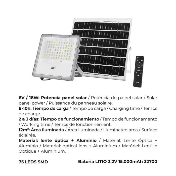 Foco proyector led solar 200w 1500lm 6500k luz fria ip65 edm 8