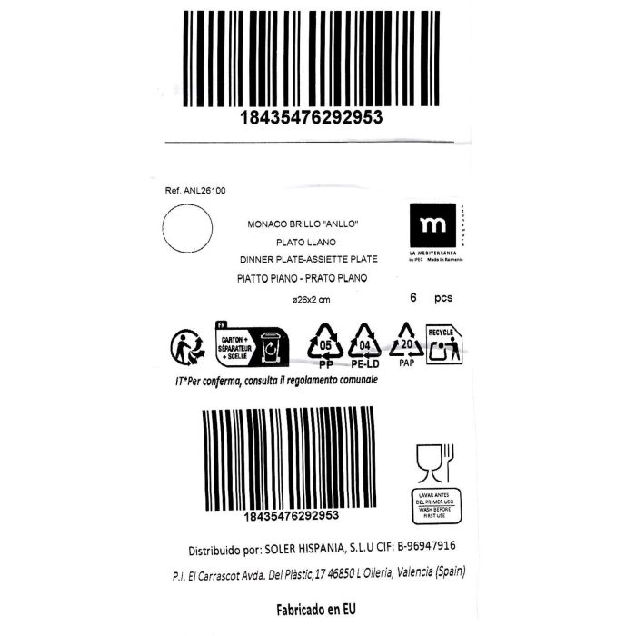 La Mediterranea Plato Llano Ø26 cm Monaco Brillo (6 Unidades) La Mediterranea Plato Llano Ø26 cm Monaco Brillo (6 Unidades)