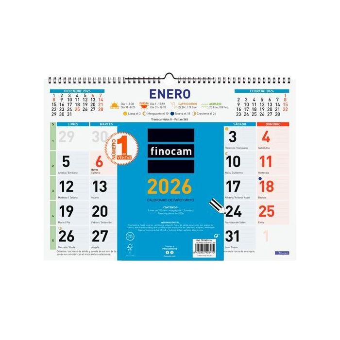 Finocam L-430x310 mm Mv Color 2026 Calendario de Pared Mixto con números grandes para Anotaciones Anual