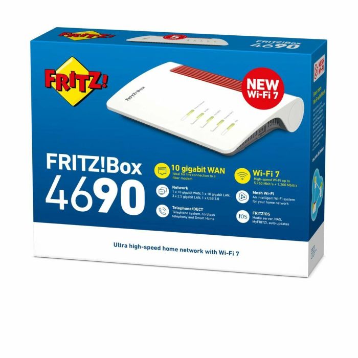 Fritz! Router Wi-Fi 7 Fritz! Box 4690 Modelo 20003098 con DECT, 10 Gigabits LAN/WAN, USB 3.0, Compatibilidad Domótica 7 Fritz! Router Wi-Fi 7 Fritz! Box 4690 Modelo 20003098 con DECT, 10 Gigabits LAN/WAN, USB 3.0, Compatibilidad Domótica 7