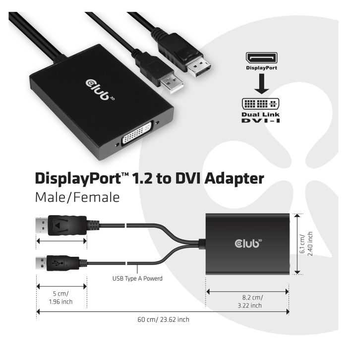 Club3D Adaptador DisplayPort a DVI-D (Active Dual Link) CAC-1010, 0.6m, Negro/Blanco, Soporta 4K 2