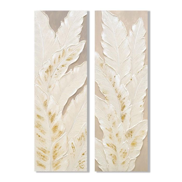 DKD Home Decor Cuadro Cottage Lienzo y MDF Blanco Beige Hojas Palmera 90x30x3 cm (4 Unidades)