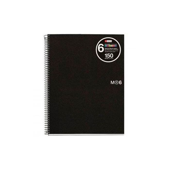 Miquelrius Cuaderno Espiral 150H A5 5x5 mm 70 gr 2 Taladros Microperforado 6 Bandas Color Tapa Pp Negro