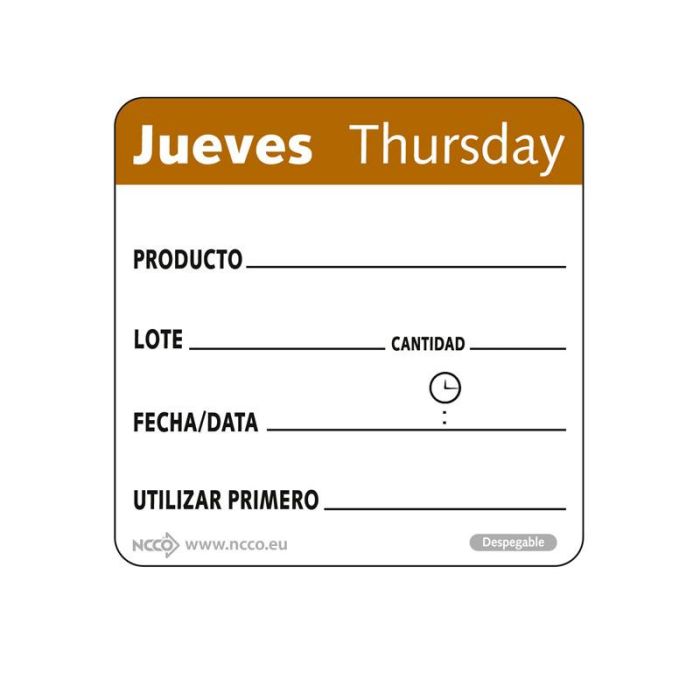 NCCO SRIDU2204 - Rollo de 500 etiquetas - "JUEVES" - 5 x 5 cm - Blanco y marrón - Venta 1 unidad.