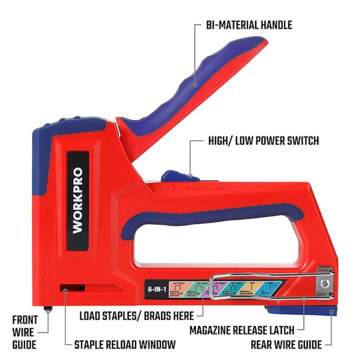 Workpro Grapadora 6 en 1 Multifunción, Compatible con Grapas T21, T50, T25, T20, 18ga y Pin, Dos Potencias de Grapado, Diseño Ergonómico, Azul y Rojo 1 Workpro Grapadora 6 en 1 Multifunción, Compatible con Grapas T21, T50, T25, T20, 18ga y Pin, Dos Potencias de Grapado, Diseño Ergonómico, Azul y Rojo 1