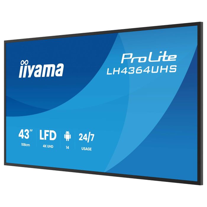 Iiyama LH4364UHS-B1AG Monitor 43" UHD 3840x2160 VA DLED 500cd/m², Android 14 OS, Operación 24/7, Incluye Soporte Pared