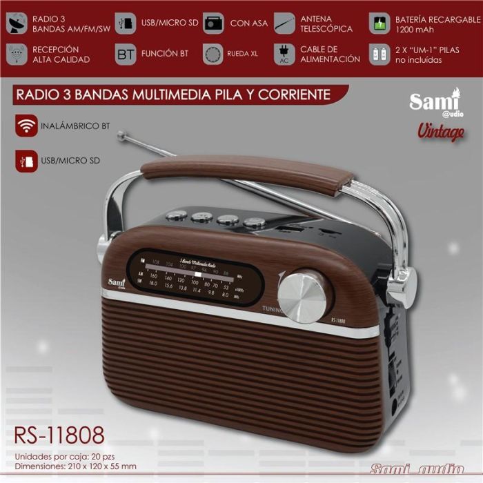 SAMI - Radio AM/FM/OC con alimentación AC/DC, Bluetooth, USB, entrada AUX y micrófono, caja de madera
