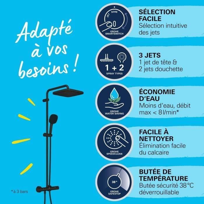 Columna de ducha con mezclador termostático - Ahorro de agua - GROHE Vitalio Comfort 250 - Negro mate - 266962431 2 Columna de ducha con mezclador termostático - Ahorro de agua - GROHE Vitalio Comfort 250 - Negro mate - 266962431 2