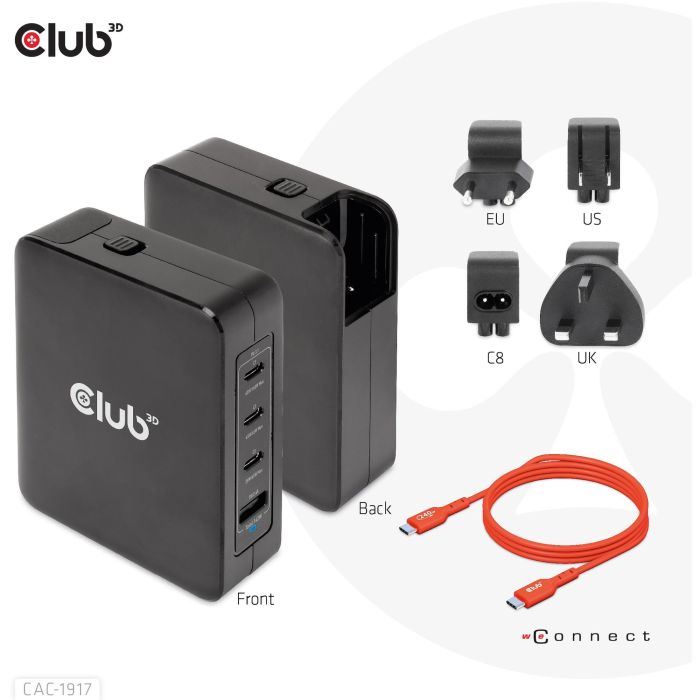 Club3D Ladegerät 3xUSB Typ C. 1xUSB Typ A. PD 140W. GaN retail 6