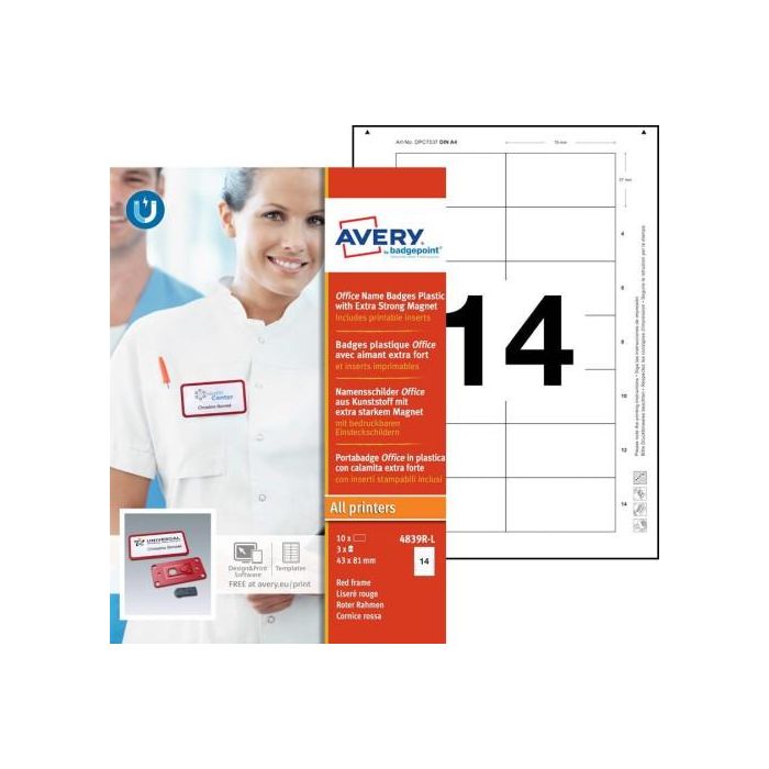 Avery 4839R-L Porta Nombres Office Badge Rojo con Imán Extra Fuerte 37 x 75 mm Pack 10 Unidades 2