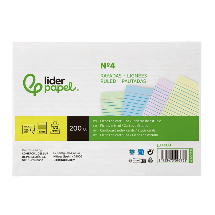 Liderpapel Tarjetas para Estudiar Rayadas Cartulina Colores 170gr 125x200mm Paquete 200 Unidades 1