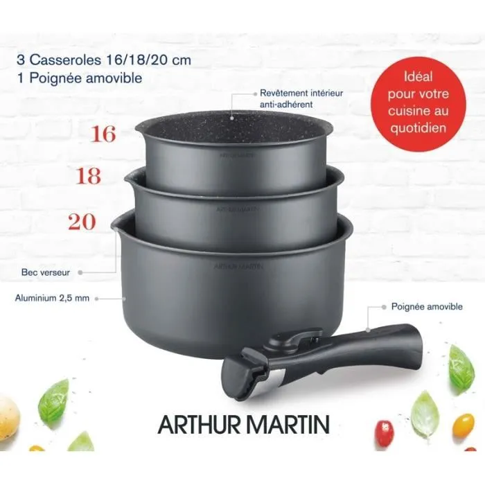 Arthur Martin AM777GM Batería de Cocina Conjunto de 3 sartenes 16-18-20 cm Matt Gray con 1 Manija extraíble, apta para inducción 2