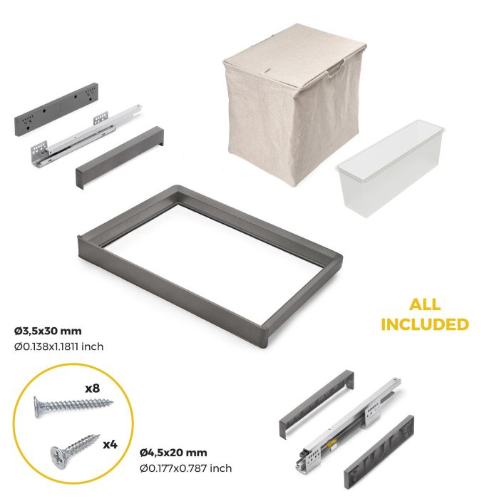 Emuca Kit de bandeja auxiliar, cesto y bastidor regulable Quartz para armarios, guías de cierre suave y extracción total, Módulo 70cm, Acabado Titanio 5