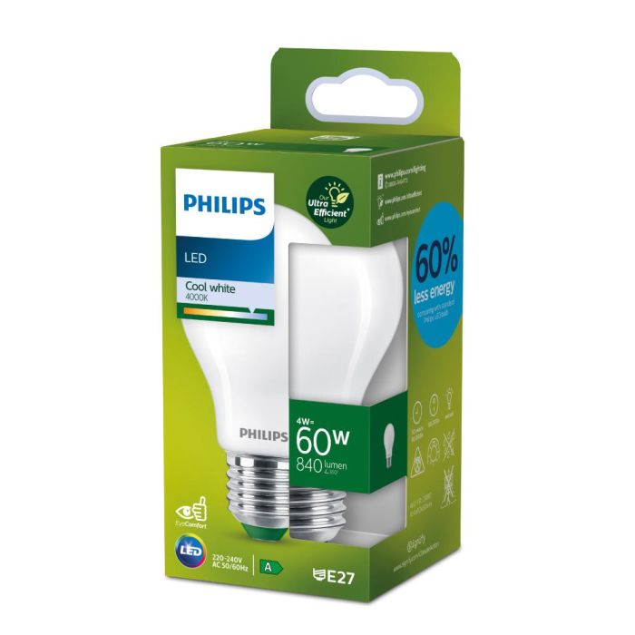 Bombilla ultra efficient led classic 4w 840im e27 4000k, ø6x10,4cm, philips 1