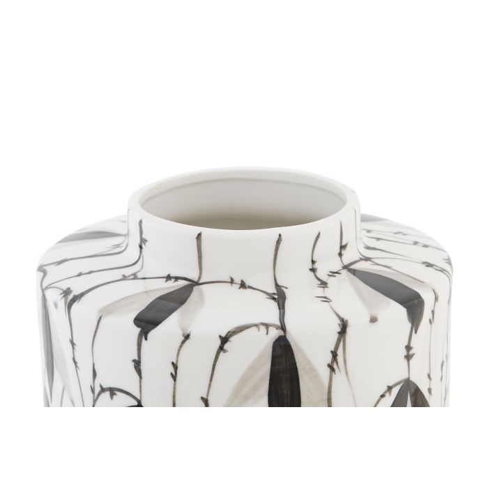 DKD Home Decor Tibor Oriental de Porcelana Blanco y Negro con Diseño de Hojas 17x16x17 cm 3