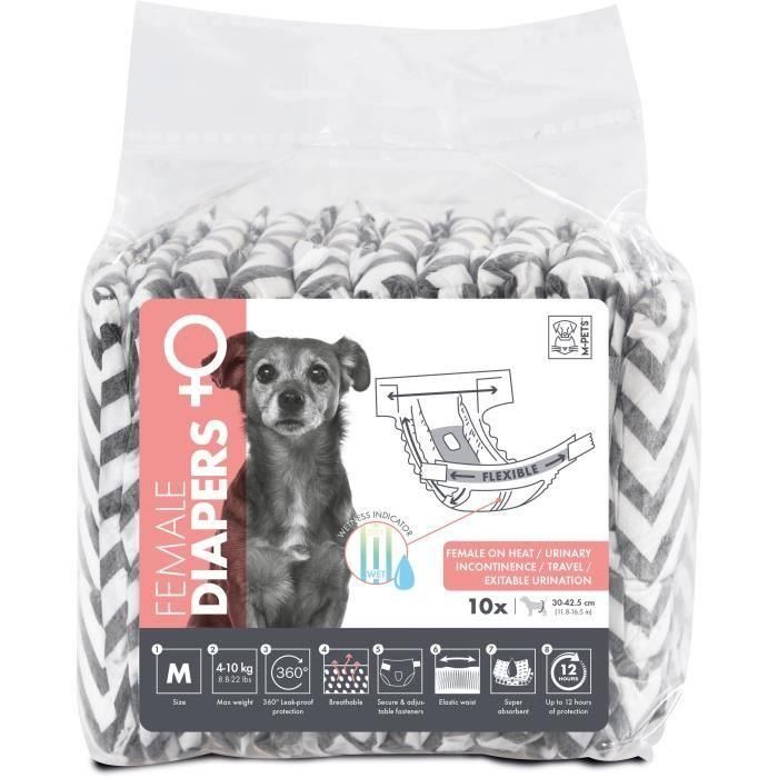 Pañales para perros - M MASCOTAS - PAÑALES - Hembra M x10 - Circunferencia de cintura 30-42,5 cm - 4-10 kg - Indicador de humedad - Protección 12h