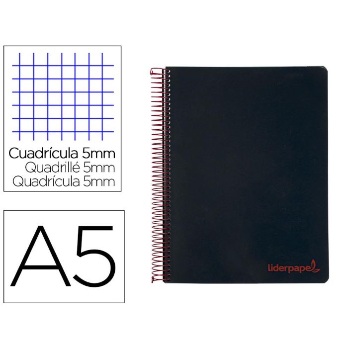 Cuaderno Espiral Liderpapel A5 Micro Wonder Tapa Plastico 120H 90 gr Cuadro 5 mm 5 Bandas 6 Taladros Color Negro