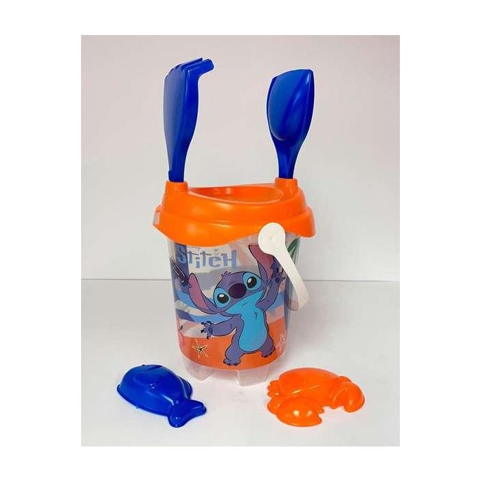 Unice Cubo Playa Castillo Stitch Transparente con Cedazo, Pala, Rastrillo y Moldes