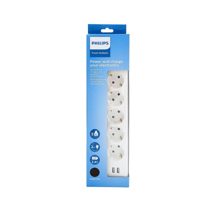 Philips Spn3052wa/10 Base Múltiple 5 Tomas Schuko con Interruptor y 2 USB a 2.4A, Cable 2m, Blanco 3 Philips Spn3052wa/10 Base Múltiple 5 Tomas Schuko con Interruptor y 2 USB a 2.4A, Cable 2m, Blanco 3