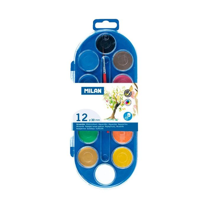 Estuche con 12 pastillas de acuarelas ø30mm + 1 pincel milan Estuche con 12 pastillas de acuarelas ø30mm + 1 pincel milan