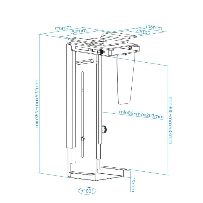 TooQ TQMUD01 Soporte Metálico para CPU PC Bajo Mesa o Pared Ajustable de Altura y Ancho, con Giro, hasta 10kg, Negro 5 TooQ TQMUD01 Soporte Metálico para CPU PC Bajo Mesa o Pared Ajustable de Altura y Ancho, con Giro, hasta 10kg, Negro 5