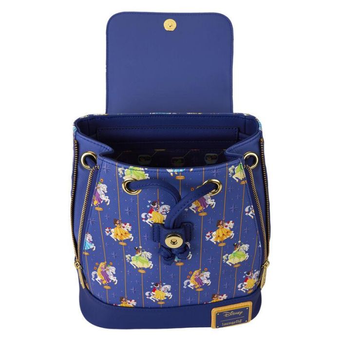 Loungefly Mochila Princesas Disney Carousel 26cm Piel Vegana con Herrajes Dorados, Tirantes Ajustables y Bolsillos Cremallera