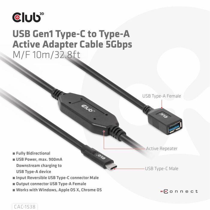 Club3D Cable USB 3.2 Tipo C a USB Tipo A 5Gbps Macho/Hembra 10m 7 Club3D Cable USB 3.2 Tipo C a USB Tipo A 5Gbps Macho/Hembra 10m 7