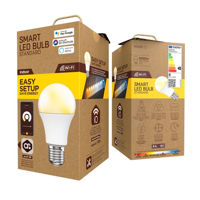 Muvit Bombilla inteligente Io A60 E27 8W, control por app, regulable, compatible con asistentes de voz 2 Muvit Bombilla inteligente Io A60 E27 8W, control por app, regulable, compatible con asistentes de voz 2