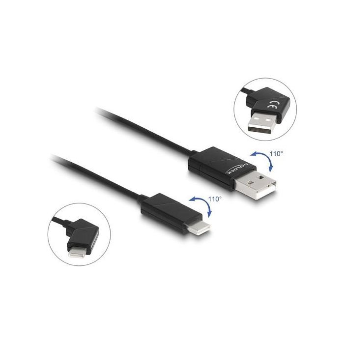 Delock Cable USB 2.0 Tipo-A Macho a USB-C Macho Giratorio 1.2 m, 60W Carga Rápida USB PD, Datos 480 Mbit/s, Negro 1
