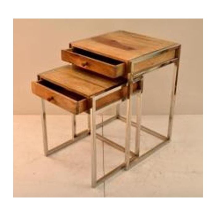 DKD Home Decor Mesita Auxiliar Loft Set de 2 Natural Plateado Mango y Acero 41 x 66.5 x 45.5 cm 2