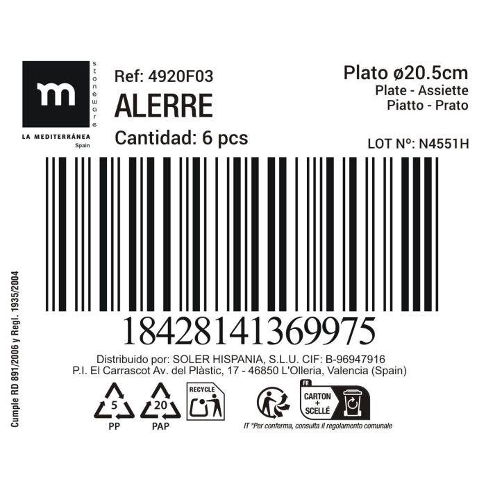 La Mediterranea Plato 20.5 cm "Alerre" Md, Plato de 20.3 cm de diametro por 2.2 cm de altura, Peso 12 kg por caja (486 g por plato) (24 Unidades)