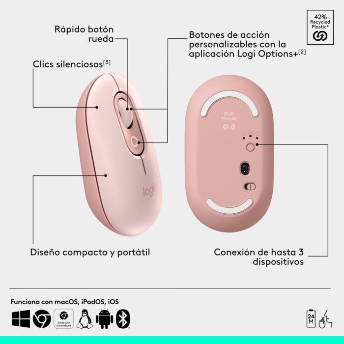 Logitech Ratón Inalámbrico Pop Mouse Rosa, Tecnología Bluetooth, 1000-4000 DPI, Personalizable 5 Logitech Ratón Inalámbrico Pop Mouse Rosa, Tecnología Bluetooth, 1000-4000 DPI, Personalizable 5