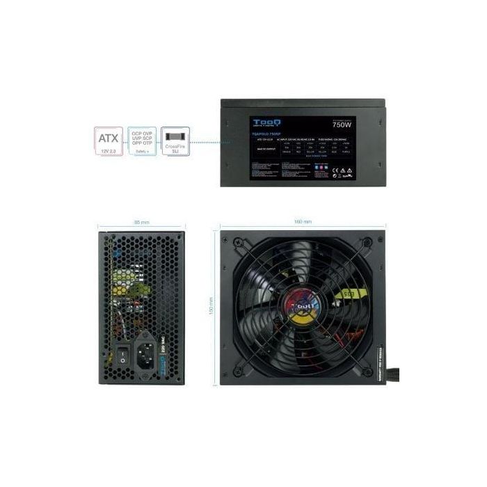 Tooq TQAPOLO-750SP Fuente de Alimentación ATX 12V V2.3 750W PFC Activo Ventilador 140mm silencioso para PC Gaming Crossfire SLI 3
