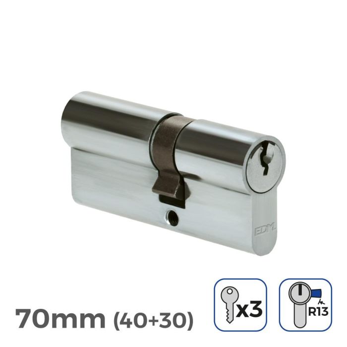Cilindro 70mm (40+30mm) niquelado, leva corta r13 con 3 llaves de serreta incluidas Cilindro 70mm (40+30mm) niquelado, leva corta r13 con 3 llaves de serreta incluidas