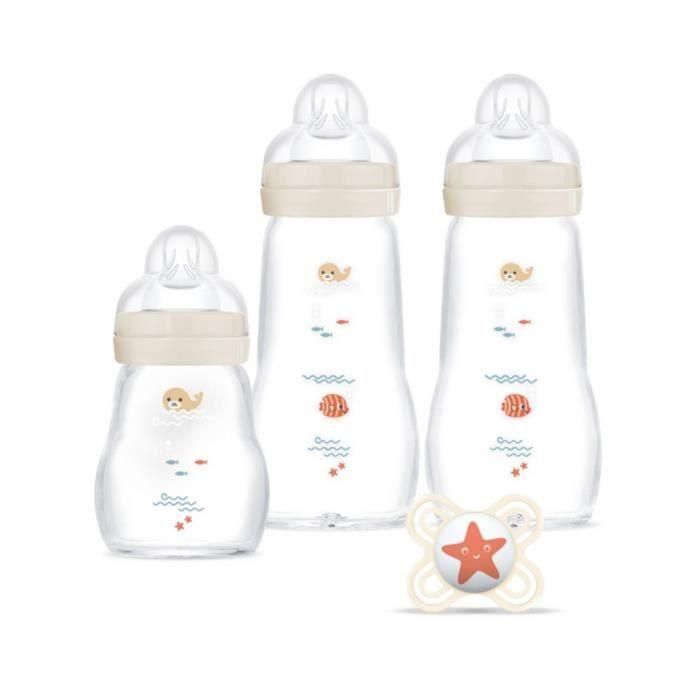 MAM Set de Biberones de Vidrio Kit Completo para Recién Nacido: 1 Biberón 170ml, 2 Biberones 260ml y 1 Piruleta