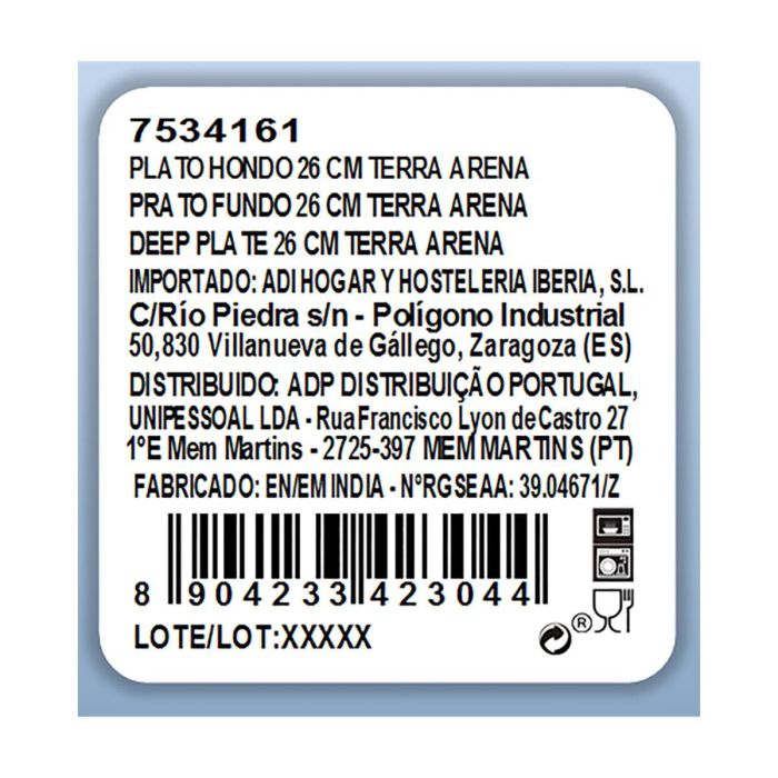 Plato Hondo Porcelana Terra Ariane 26 cm (6 Unidades)