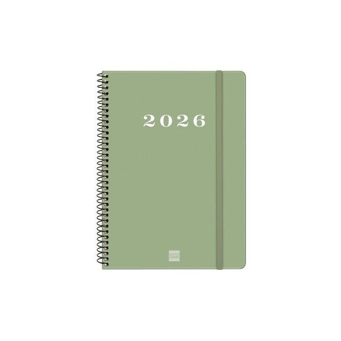 Finocam E10-155x212 mm Svh Agenda Espiral 2026, Semanal Vertical, Tapa Dura Verde, Goma Elástica, Formato DIN A5