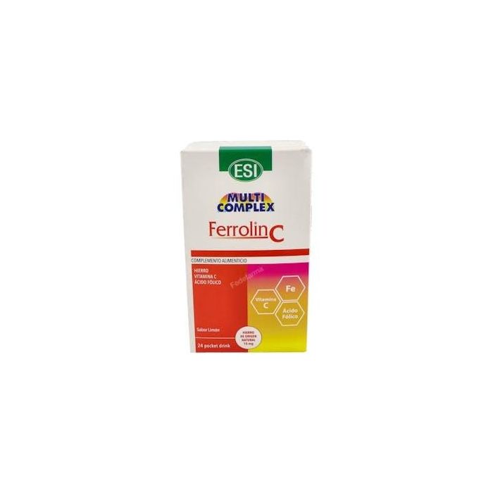 Ferrolin C Pocket Drink 24 Sobres. Suplemento de Hierro, Vitamina C y Ácido Fólico para Glóbulos Rojos