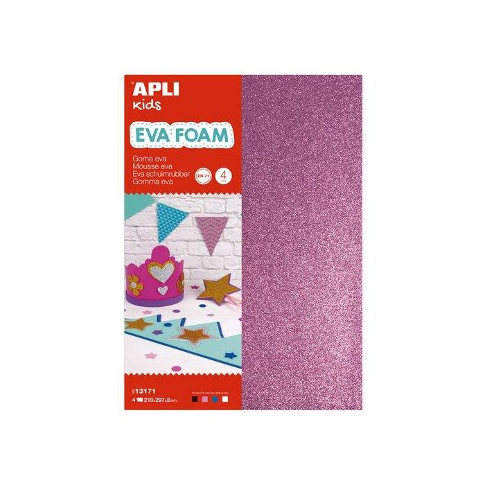 Goma Eva Apli Hoja 20X30 Cm Purpurina 4 Hojas (Blanco, Negro, Rosa Y Azul)