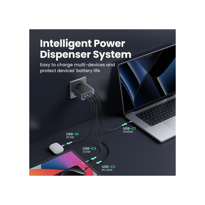 Ugreen 35043 Nexode S 100W Cargador Rápido GaN Gris con 4 Puertos USB para Portátil, Móvil, Tablet 7