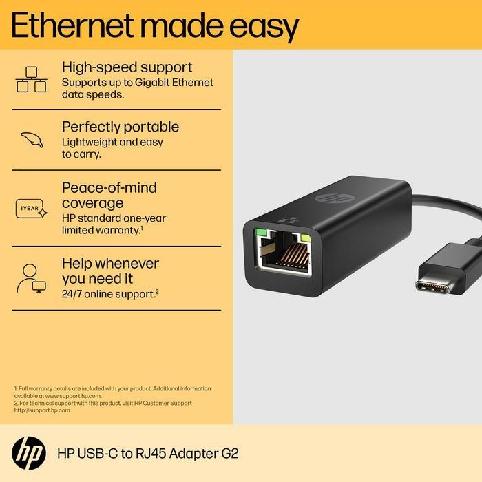HP Adaptador USB-C a RJ45 G2 – Conexión Ethernet fácil y rápida para dispositivos USB-C 4