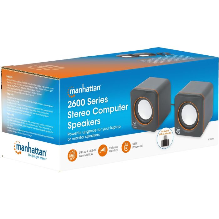 MANHATTAN Lautsprecher fr PC und Laptop 2600 Series zwei verbundene Lautsprecher 1.4 m USB-Kabel USB-C/USB-A-Adapter schwarz/orange 9